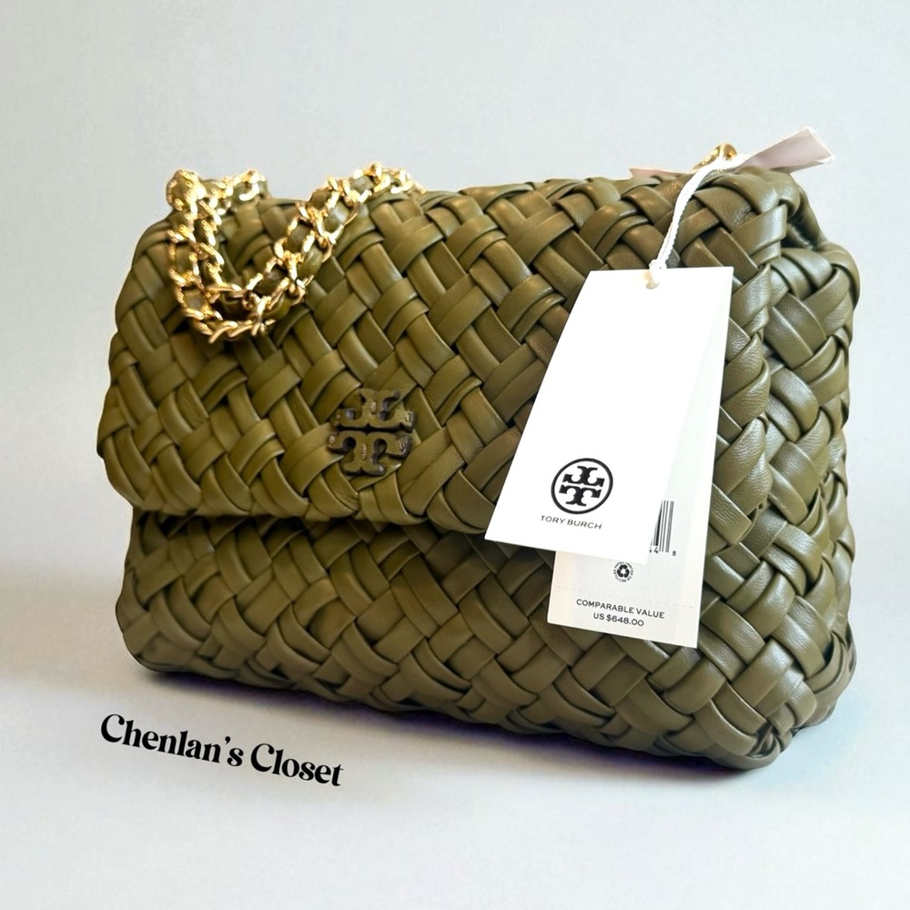 Tory Burch Woven Chain Shoulder Bag Olive Green Leather With Gold Chain NWT - Picture 2 of 13
